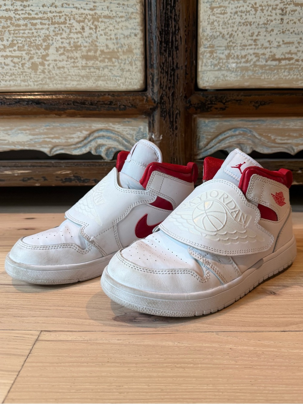 Jordan Kids White and Red Mid-Top Sneakers with Hook-and-Loop Strap